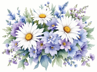 Fototapeta premium Watercolor bouquet of white daisies and purple wildflowers on a white background for design