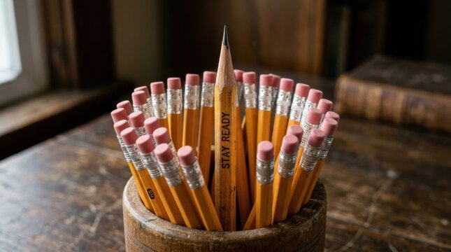 Close-up of a sharpened yellow pencil with the words STAY READY standing upright among a circle of unsharpened pencils in a wooden cup on a rustic vintage desk background.