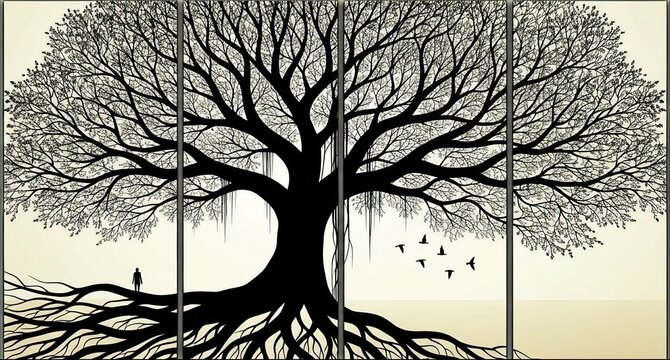 Black Tree Silhouette with Roots Person and Birds in Multi Panel