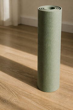 Rolled yoga mat standing upright