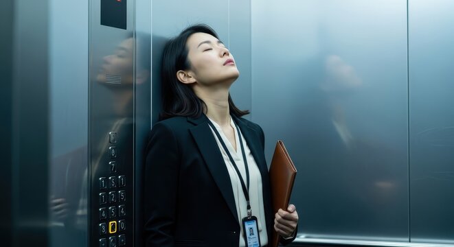 Exhausted Asian Businesswoman Leaning Against Elevator Wall After Long Work Day, Concept of Burnout and Stress