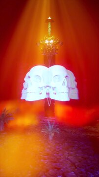 Fiery VJ Loop of Legendary Glowing Sword Piercing Skull Crown in Hell Shrine