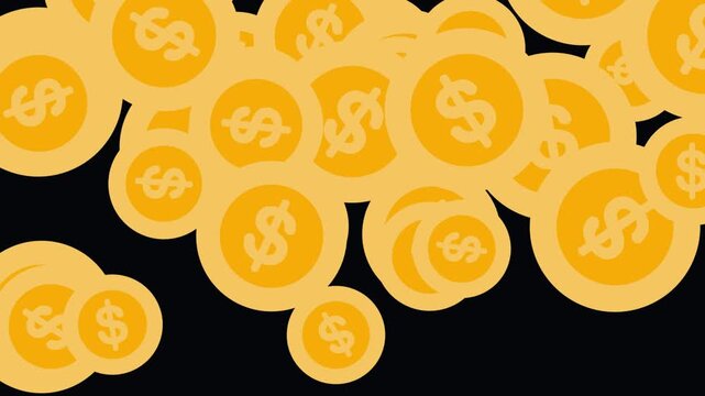 A seamless 4K animated pattern of gold dollar coins falling from above.