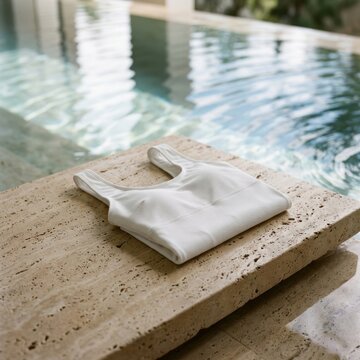 White folded tote bag on stone by clear swimming pool