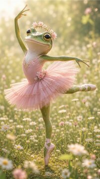 A whimsical frog dressed as a ballerina, gracefully posing in a sunlit meadow filled with flowers.