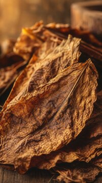 Close-up of dry, textured tobacco leaves with warm lighting, showcasing their intricate veins and natural brown tones.