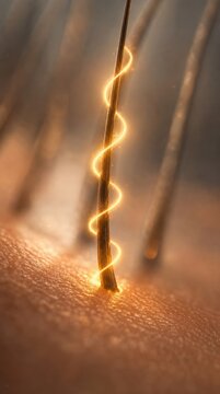 A glowing orange spiral of light wraps around a single hair strand emerging from skin, highlighting detail in a close-up macro shot.