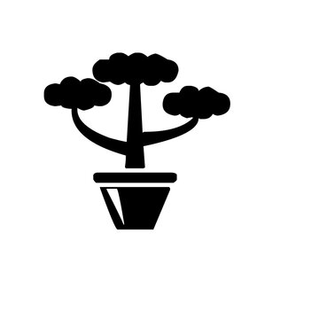 Black bonsai tree icon in a pot, minimalist plant silhouette for nature and zen design.
