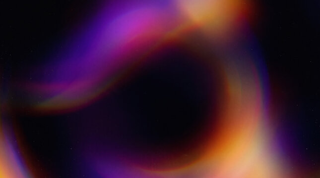 Retro grainy gradient abstract background, deep pure black background with flowing purple and orange light leaks