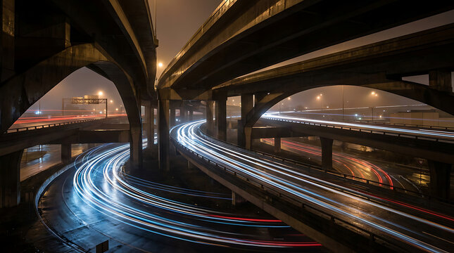 Nighttime Long Exposure Light Trails on a Complex Urban Highway Interchange Under Foggy Conditions