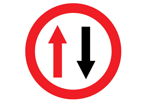 Two way traffic road sign indicating priority for oncoming vehicles on a narrow road.