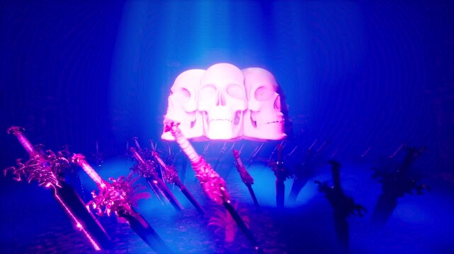 Neon Blue and Purple Sword Field Shrine with Rotating Skull Circle Seamless Loop