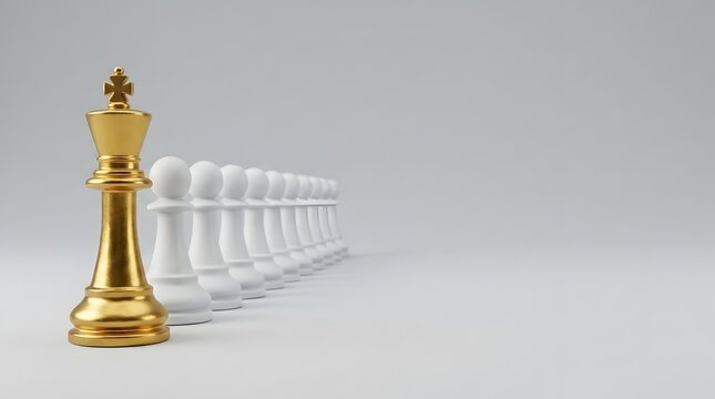Executive leadership and standout management concept with a single gold chess king leading a row of white pawns
