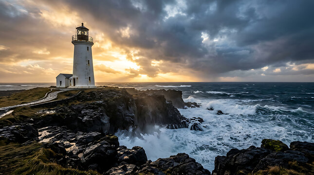 Dramatic lighthouse on rugged coastline with crashing waves and stormy skies at sunset