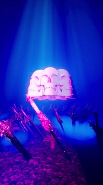 Surreal Dark Sanctuary Covered in Embedded Swords with Ethereal Skulls Motion Background