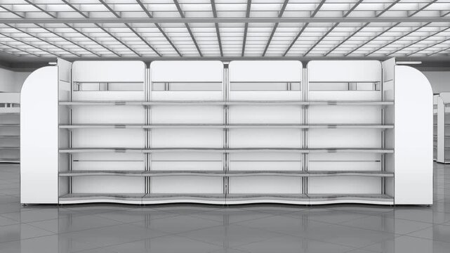 Sliding motion past rows of gondola shelving with curved wavy shelves in a supermarket interior. 3d animation