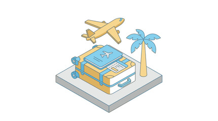 Suitcase sits beside a palm tree and airplane for travel and vacation themes. © Berkah