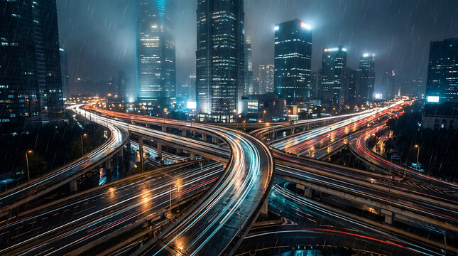 Long exposure light trails on a complex highway interchange with skyscrapers in a rainy city at night