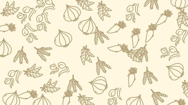 Garlic, wheat, sprouts, carrot leaves sketches pattern for food art projects. Culinary, kitchen, recipe, garden, cooking blog, menu design.