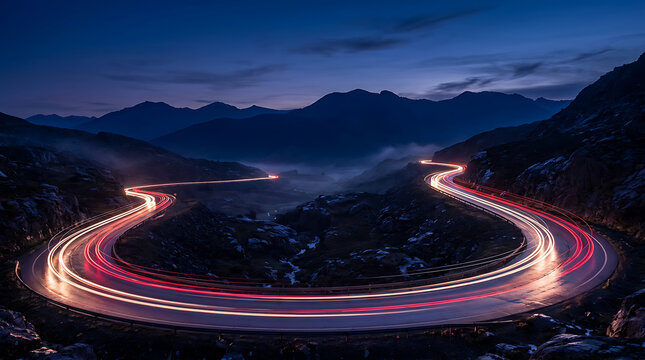 Dramatic Long Exposure of a Winding Mountain Road with Glowing Car Light Trails at Nightfall
