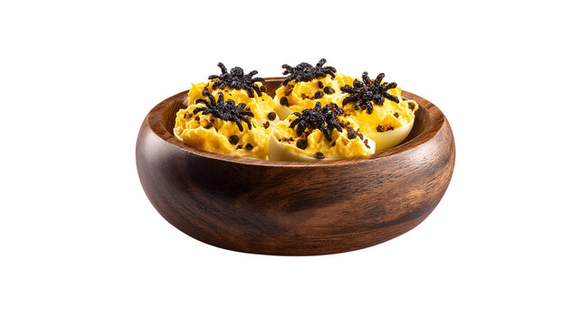 Deviled eggs with spider decoration in bowl