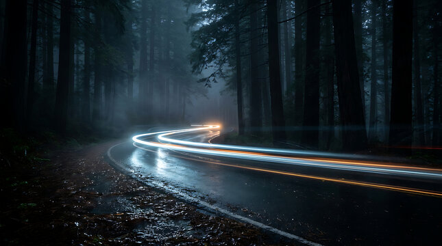 Long exposure car light trails winding through a dark misty forest road at night