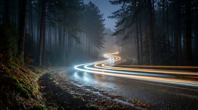 Long exposure photo of car light trails on a wet, foggy forest road at night, creating a magical, ethereal atmosphere