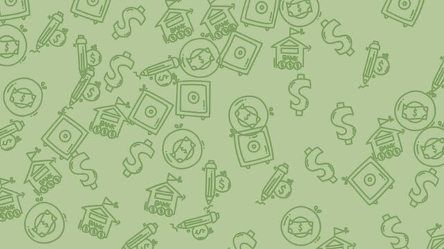 Background with bank safe, dollar sign, and pencil illustrations on green backdrop. Suitable for financial presentations, savings concepts, and banking designs.