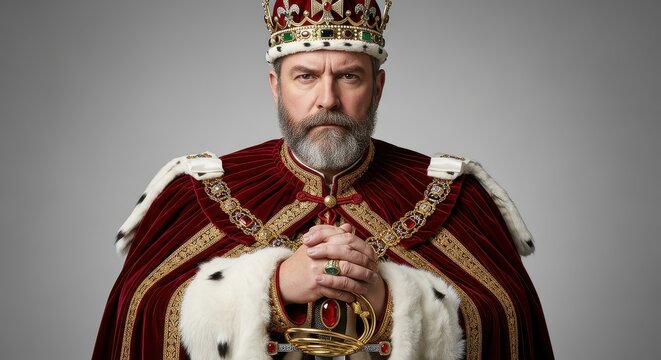 Portrait of a Majestic King in Royal Regalia with Crown and Sword, Serious Expression on Grey Background