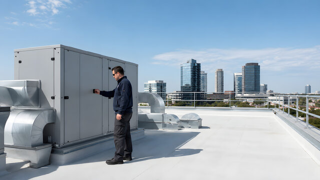 HVAC technician inspecting air conditioning unit on commercial rooftop with city skyline background to ensure proper climate control system maintenance.