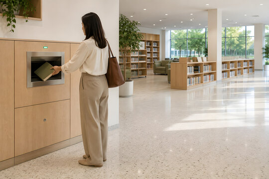 Woman inserting book into automated drop box slot inside modern library to demonstrate convenient self service return systems for educational facilities.