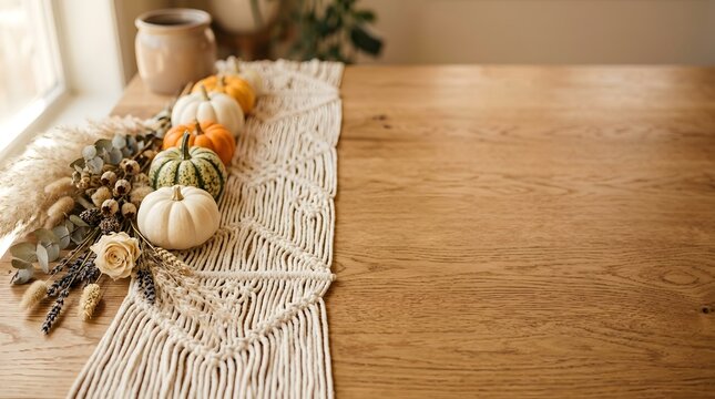 A festive wooden table decorated with small pumpkins and a macrame runner for a cozy happy halloween home interior design background setting