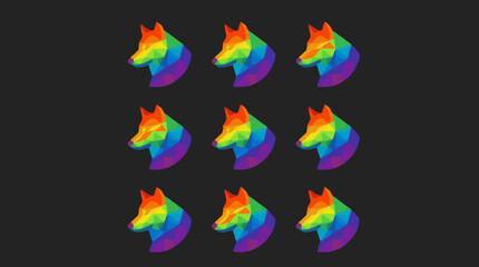 Fototapeta premium Geometric Wolf Head Icon Sheet with Rainbow Color Gradient, Flat Design Low Poly Illustration on Dark Background, Set of 9 Repeating Icons