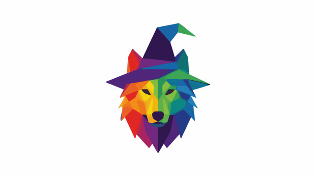 Geometric Wolf Head Wearing a Witch Hat, Colorful Polygon Illustration with Rainbow Gradient, Mystical Creature Graphic Design