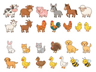 Fototapeta premium A delightful collection of cute farm animals and beloved pets depicted in a charming cartoon style, perfect for children's educational materials and playful designs