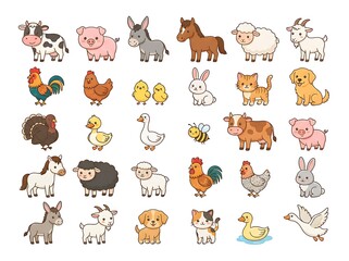 Obraz premium Charming Collection of Adorable Cartoon Farm Animals, Featuring Diverse Livestock and Poultry, Perfect for Children's Designs and Educational Resources