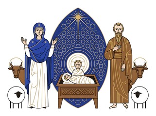 Fototapeta premium Iconic Nativity scene illustration depicting the Holy Family Mary, Joseph, and infant Jesus with symbolic animals, rendered in a spiritual and stylized art design