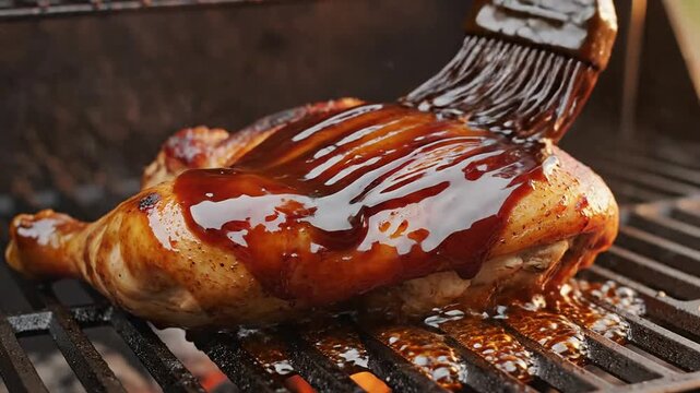 Grilled Chicken Leg Brushed With Rich Barbecue Sauce On Grill Perfect For Culinary Enthusiasts And Food Lovers