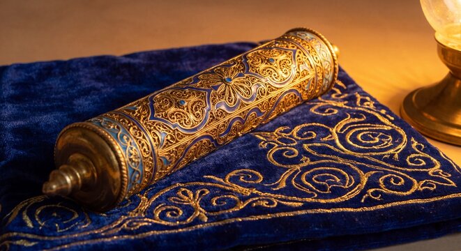 Torah Scroll Handles with Draped Velvet Cover. Jewish festival concept. Generated Image