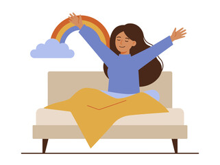 Happy Woman Waking Up in Bed with Rainbow and Cloud Illustration