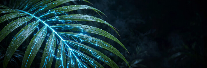 Fototapeta premium Vibrant glowing tropical palm leaf texture with neon blue veins on dark atmospheric background photo