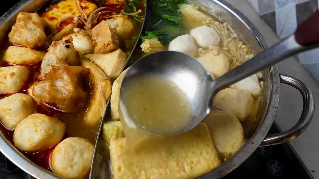 boiling soup collagen with seafood ball and vegetables. sukiyaki japanese soup style. steamboat mala soup with vegetables and sefood ball chinase style hot pot.