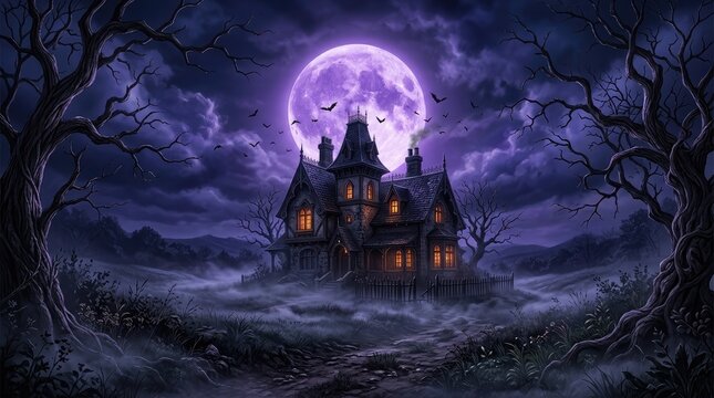 Spooky haunted Victorian mansion behind a wooden fence under a massive purple full moon and foggy sky