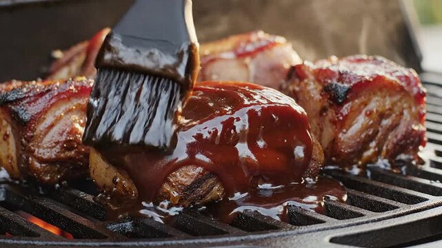 Succulent Grilled Meat Brushed With BBQ Sauce Close-Up Highlighting Flavor And Texture On The Grill For Culinary Promotions