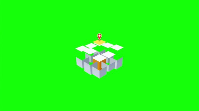 Isometric Map Location Pin 3D Minimalist Motion Graphic Green Screen Chroma Key Asset for Digital Navigation Geography Marketing Website and Mobile App Design