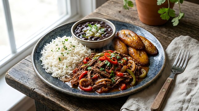 Traditional cuban ropa vieja meal with shredded beef rice black beans and fried plantains on a plate. Cuban Cuisine