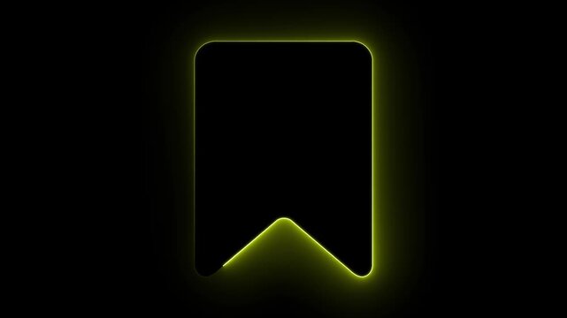 Neon yellow bookmark animation on black background, digital ui save symbol glowing