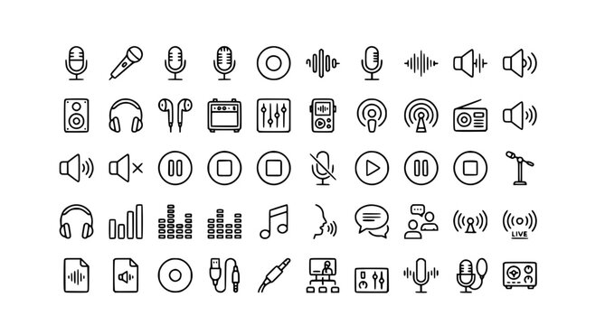 Microphone audio recording podcast outline icon set editable stroke vector collection