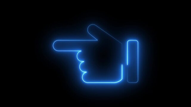 Glowing blue neon hand pointer animation, digital direction signage for ui and web cursor