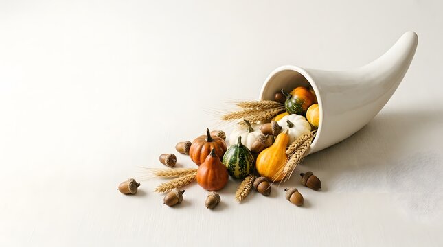 A beautiful cornucopia filled with seasonal vegetables and nuts on a white background to celebrate a festive and joyful happy halloween holiday season